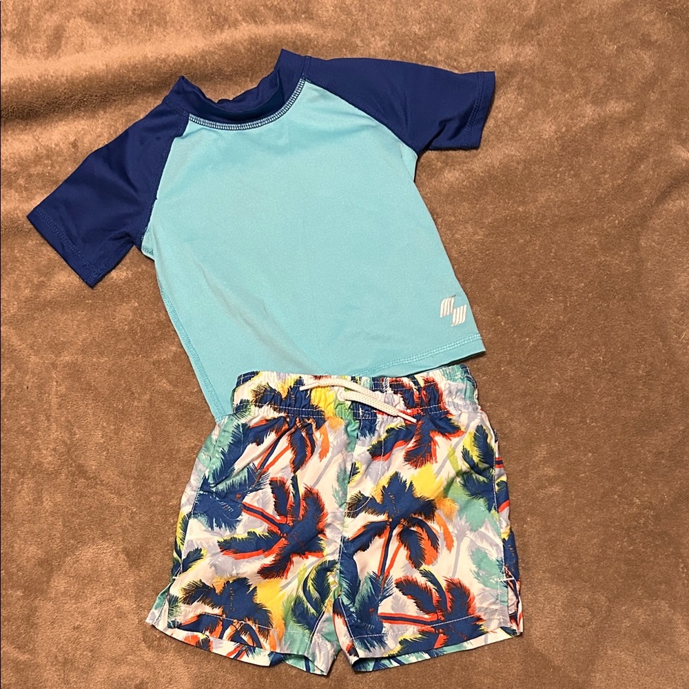 Sporto Boys Aqua and Navy Rashguard with Palm-Print Swim Shorts